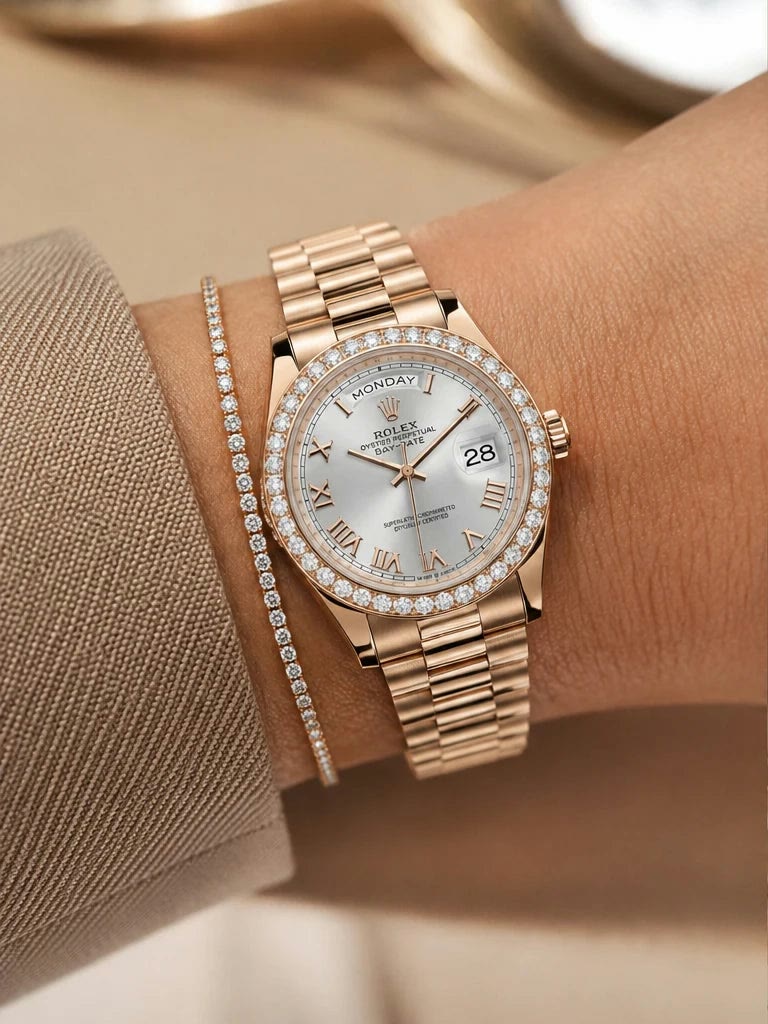 Rolex Day-Date Gold Cream Diamond dial close-up