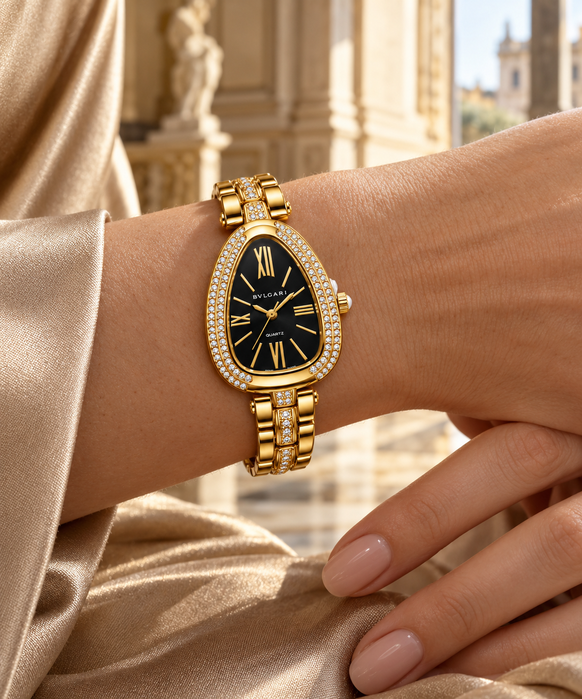 Bvlgari Serpenti women's watch on wrist Lebanon - gold snake-head case with double-row diamond bezel, black dial with gold Roman numerals, gold bracelet with a center line of diamonds