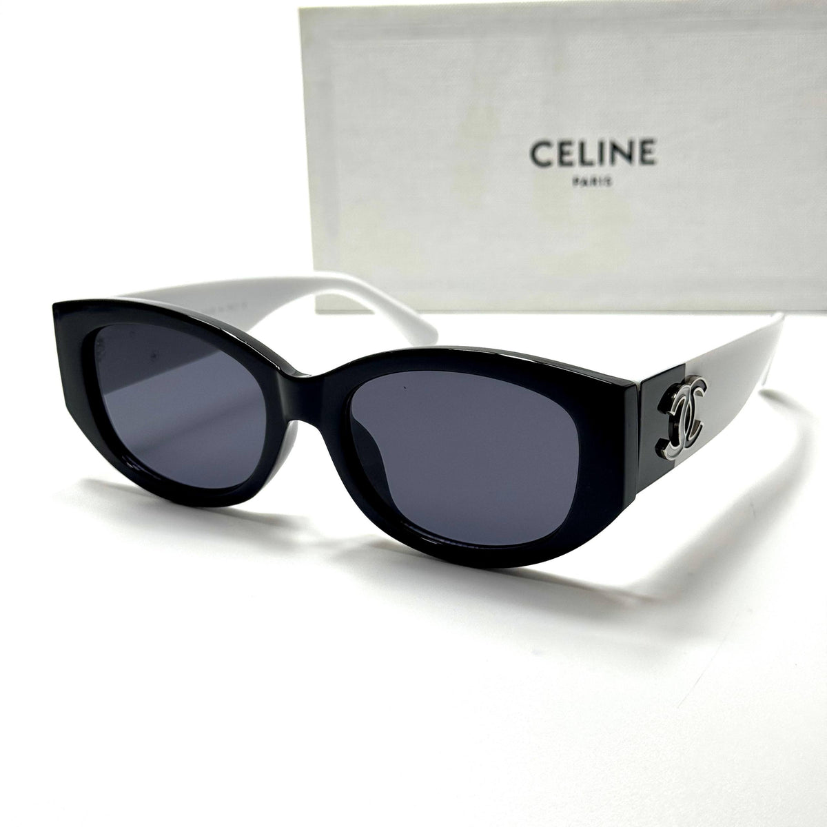 Chanel CH5442 Black White women's sunglasses Lebanon - glossy black with silver-tone cc temple detailing frame, dark grey lenses - ChronoVault