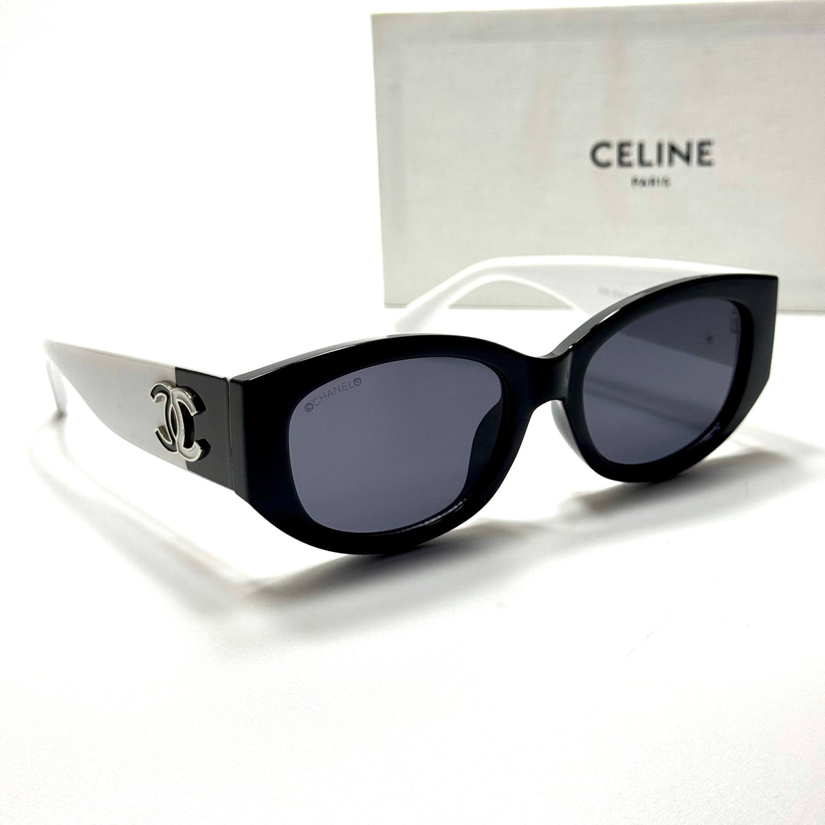 Chanel CH5442 Black White women's sunglasses Lebanon - glossy black with silver-tone cc temple detailing frame, dark grey lenses - ChronoVault - view 5