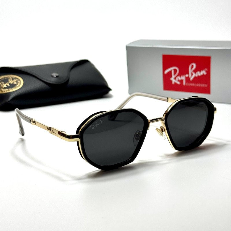 Ray-Ban Geometric RB3765 Black Gold Grey unisex sunglasses Lebanon - glossy black with gold-tone detailing frame, dark grey lenses - ChronoVault - view 4