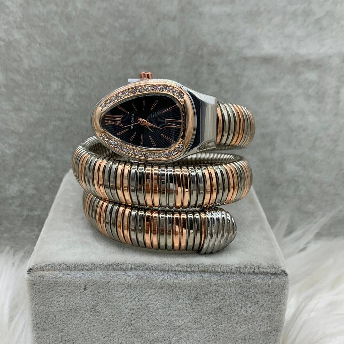 BVLGARI Serpenti Tubogas Watch – Silver & Rose Gold / Black Dial