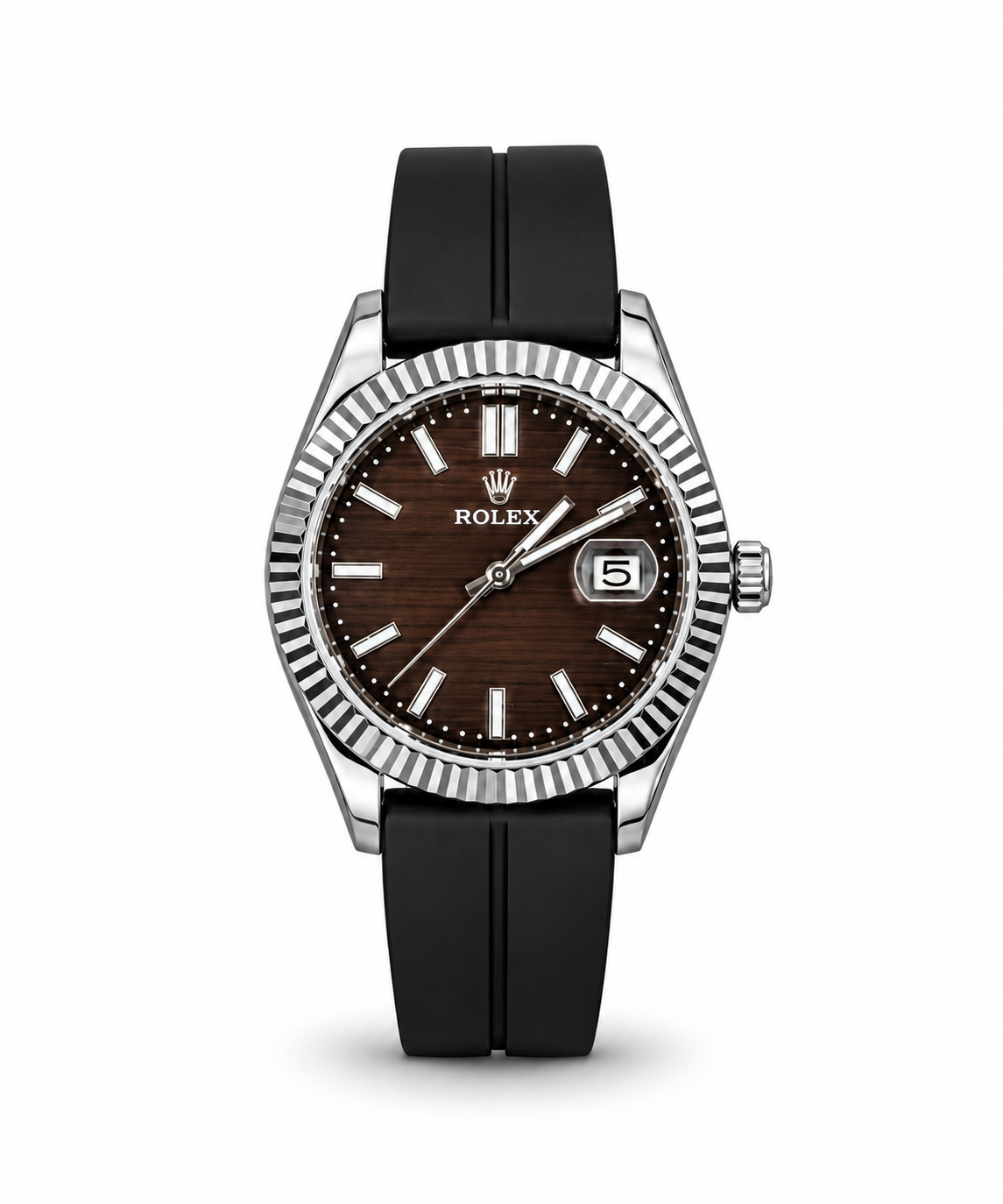 Rolex Datejust 40mm men's watch Lebanon - stainless steel case, brown wood-grain dial with white baton markers and silver hands, fluted bezel, black rubber strap