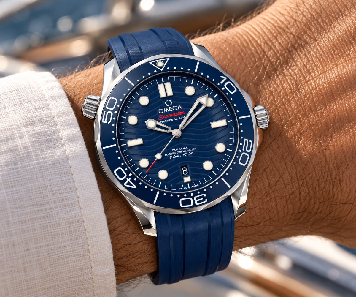 Omega Seamaster Diver 300M men's watch Lebanon - steel case, blue wave-pattern dial with luminous markers, blue ceramic diver's bezel, date window, blue rubber strap - on-wrist view