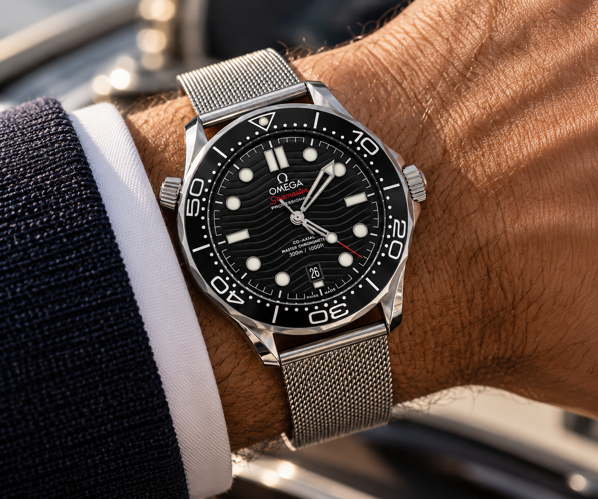 Omega Seamaster Diver 300M men's watch Lebanon - steel case, black wave-pattern dial with luminous markers, black ceramic diver's bezel, date window, steel mesh bracelet - on-wrist view