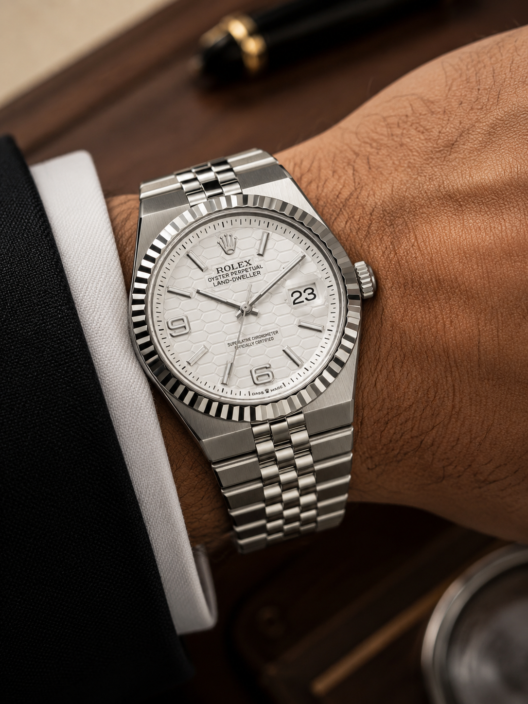 Rolex Land-Dweller 40mm — Steel White Honeycomb Dial Men's Watch Side View Lebanon - ChronoVault