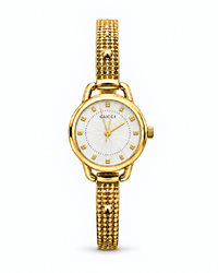 Gucci women's watch Lebanon - gold-tone round case, silver sunray dial with crystal markers, beaded gold-tone chain bracelet