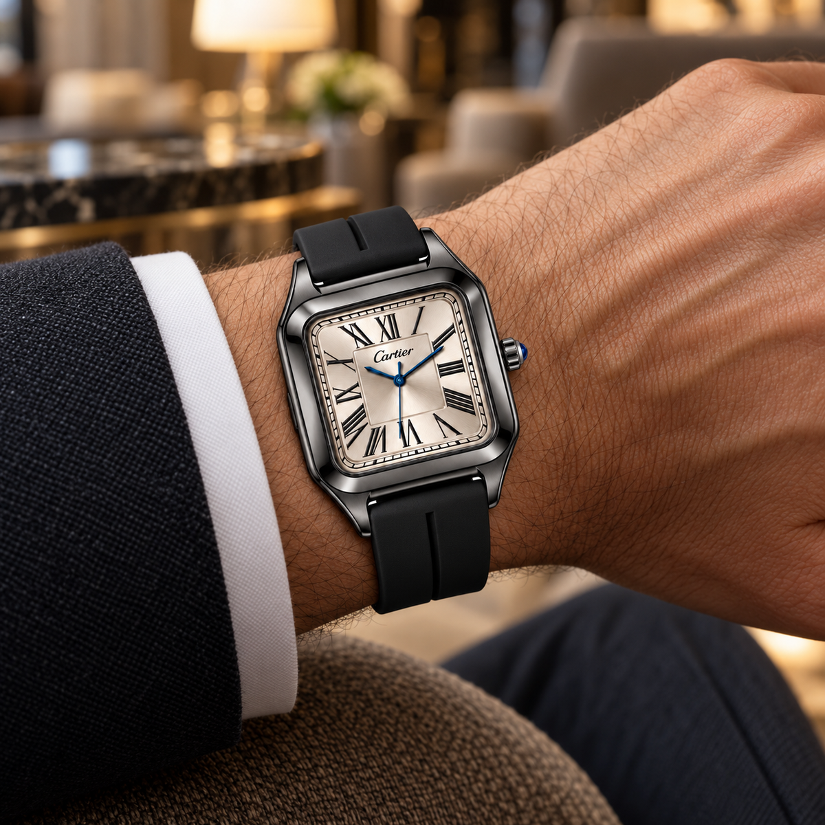 Cartier Santos men's watch on wrist Lebanon - black square case, champagne dial, black and silver magnetic rubber strap