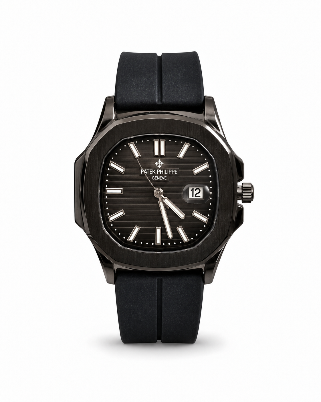 Patek Philippe Nautilus-Style men's watch Lebanon - black octagonal case, black embossed dial with silver hands and markers, date window, black rubber strap