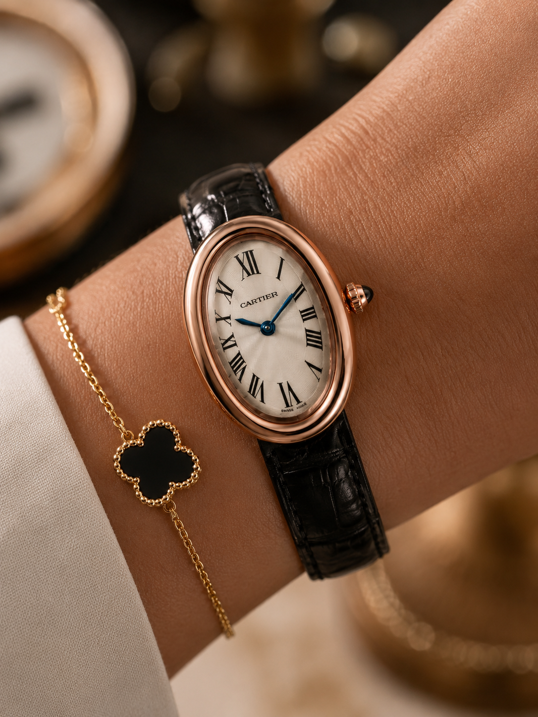 Cartier Baignoire Rose Gold Black Leather Women's Watch 30mm