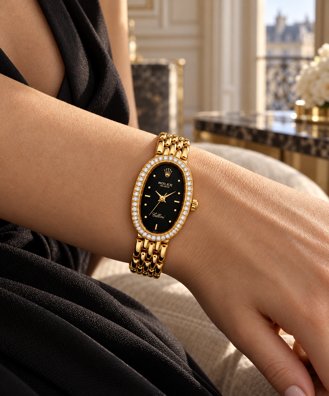 Rolex Cellini women's watch on wrist Lebanon - yellow gold oval case with diamond bezel, black dial with gold-accent markers, gold link bracelet