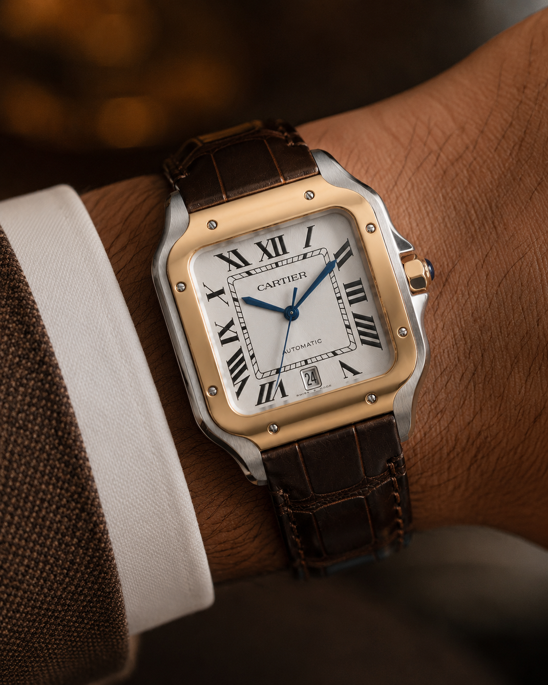 Cartier Santos de Cartier Two-Tone Steel Gold Brown Leather Men's Watch