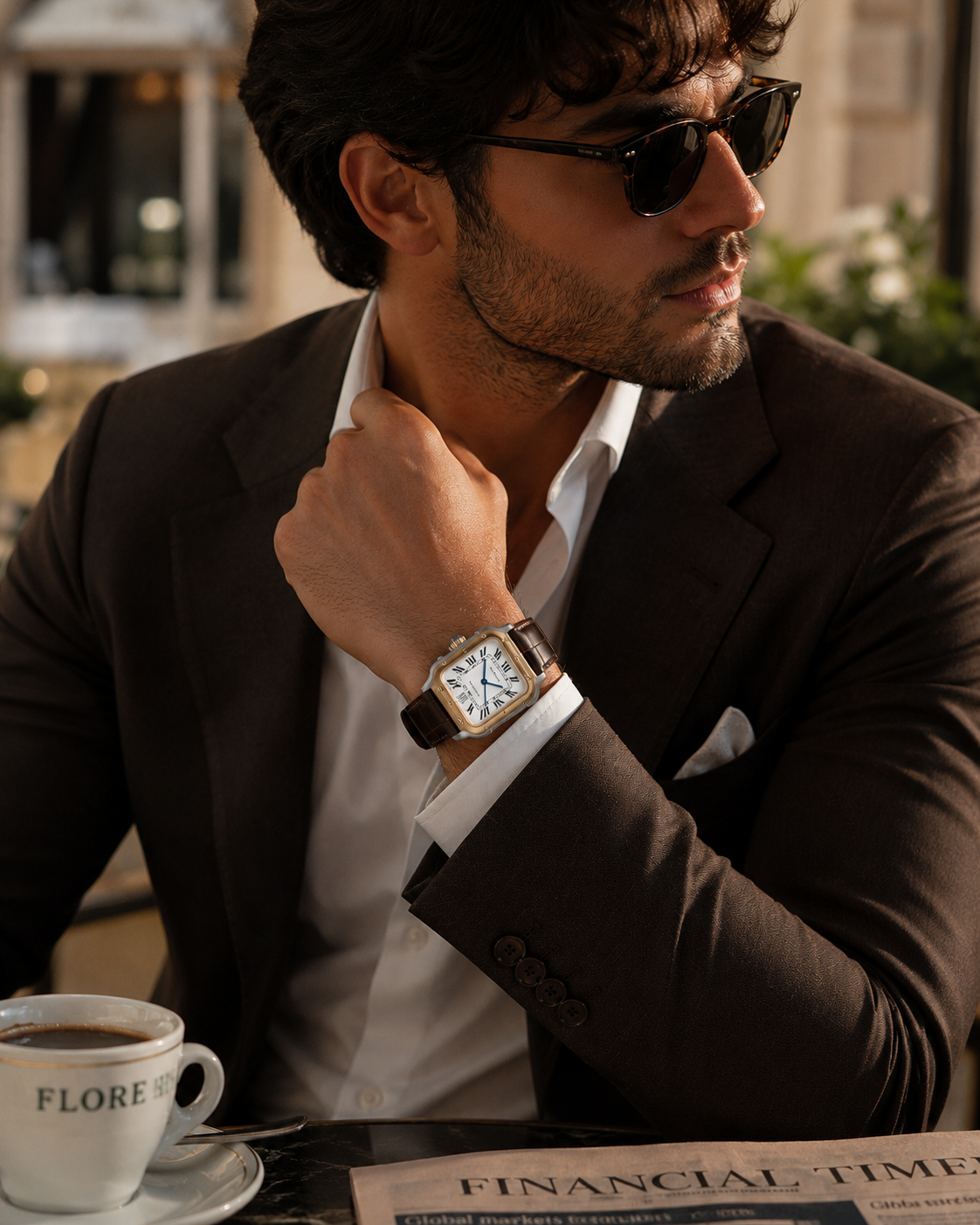 Cartier Santos de Cartier Two-Tone Steel Gold Brown Leather Men's Watch