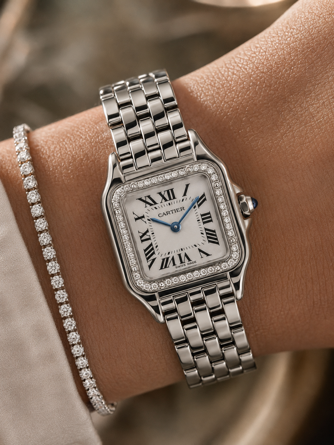 Panthère de Cartier — Silver & Diamonds Women's Luxury Watch Side View Lebanon - ChronoVault