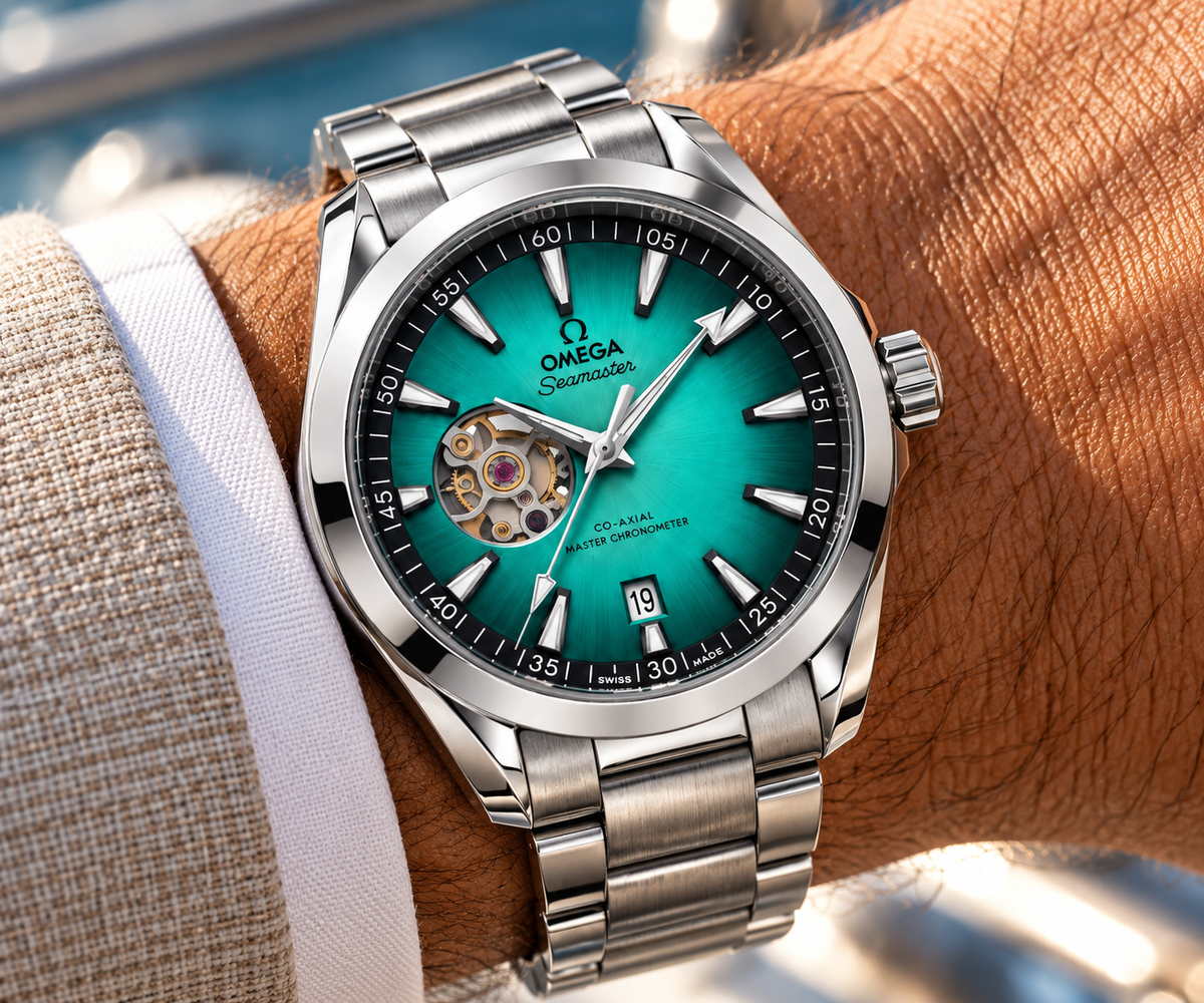 Omega Seamaster Aqua Terra men's watch Lebanon - polished steel case, green sunburst dial with open-heart window, date window, steel bracelet - on-wrist view
