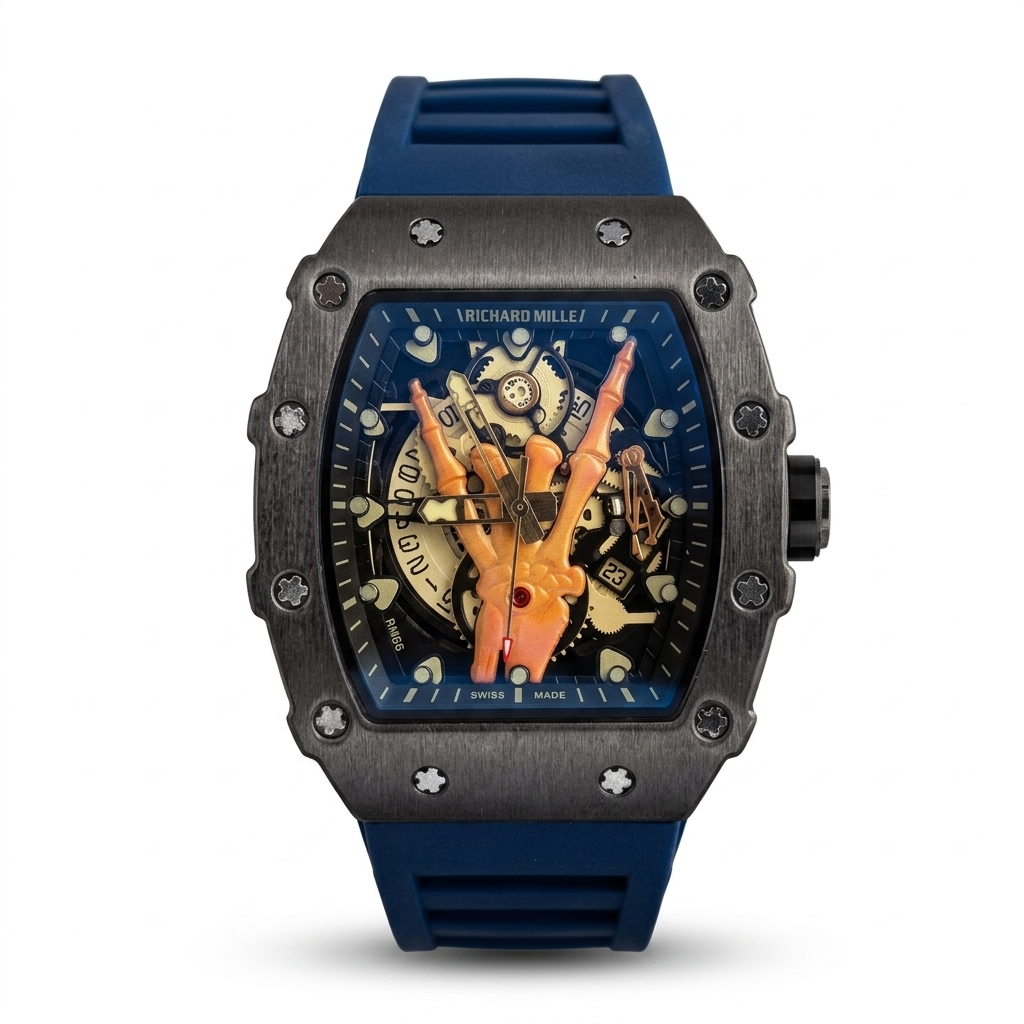 Richard Mille RM66 Horns Skeleton Black Titanium Blue Strap Men Watch Front View Lebanon - ChronoVault