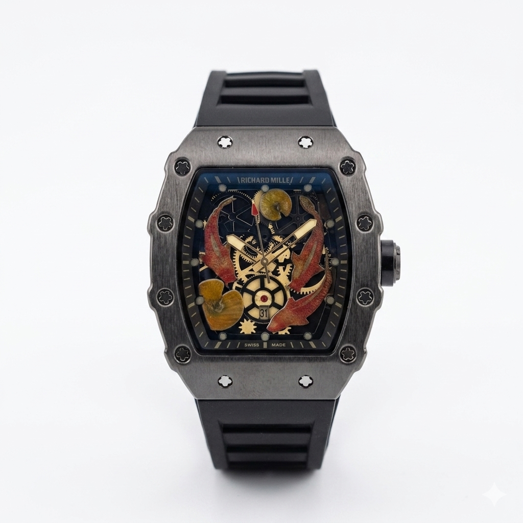 Richard Mille Koi Fish Skeleton Black Titanium Black Strap Men Watch Front View Lebanon - ChronoVault