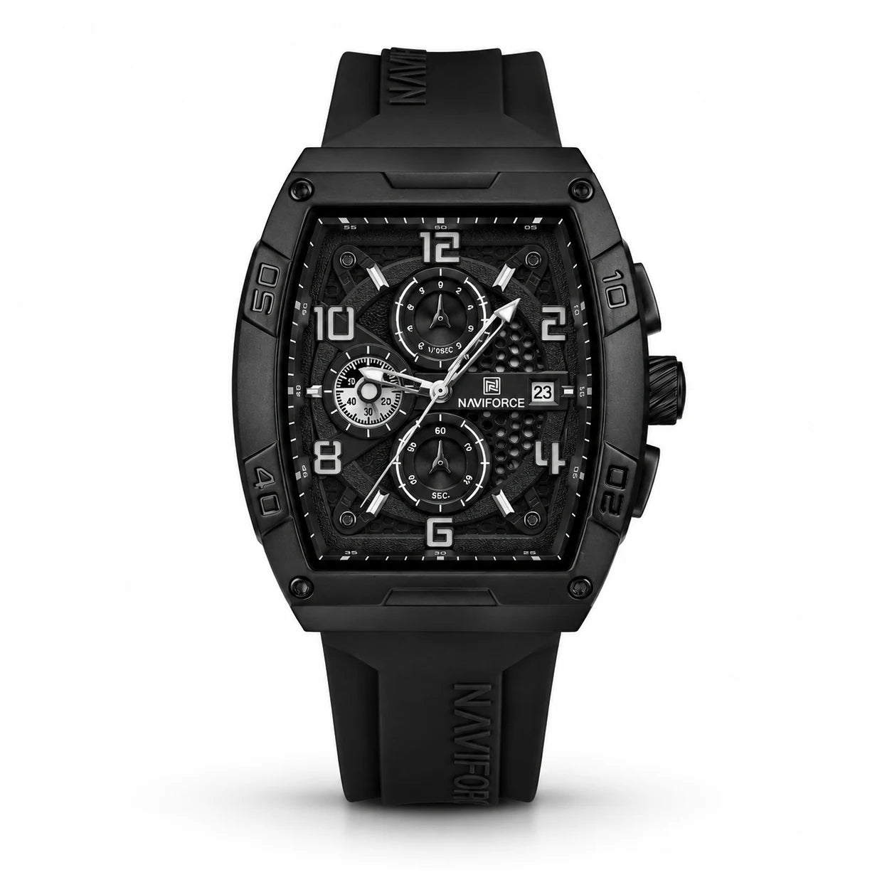 Naviforce Tonneau Chronograph Black Case Black Rubber Strap Men Watch Front View Lebanon - ChronoVault