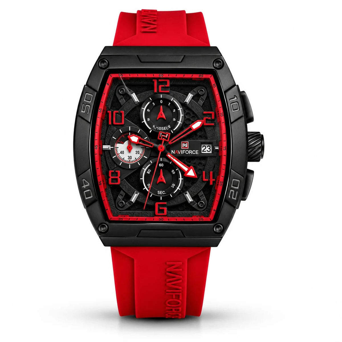Naviforce Tonneau Chronograph Black Case Red Rubber Strap Men Watch Front View Lebanon - ChronoVault