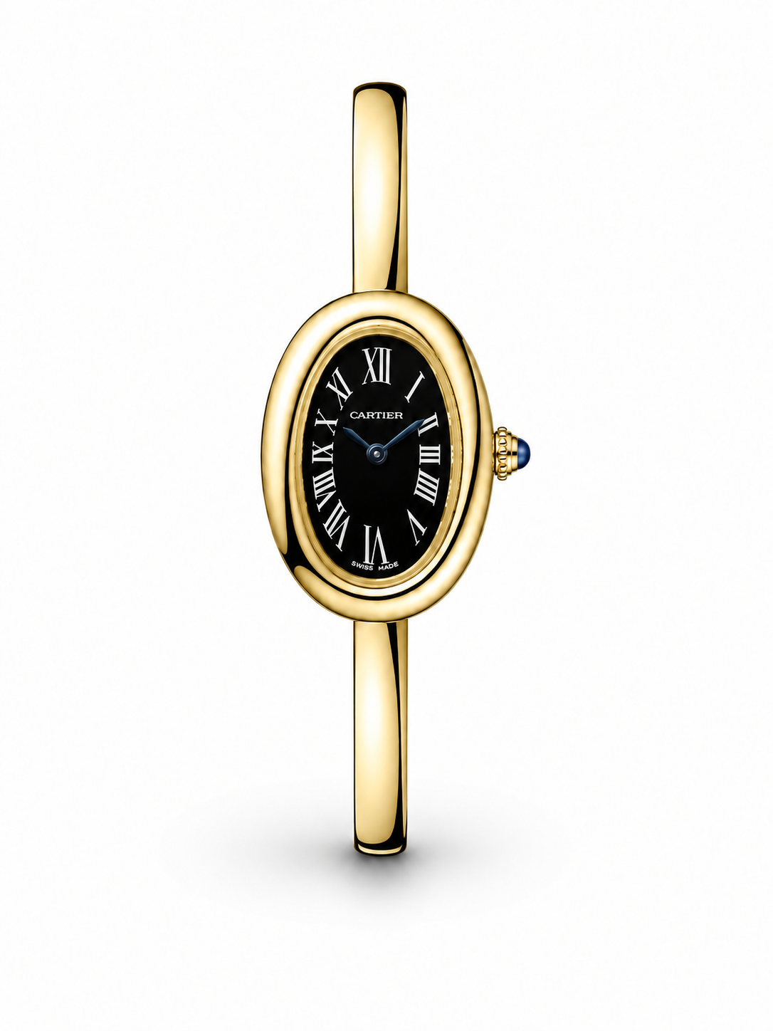 Baignoire de Cartier women's watch Lebanon - gold oval case, black dial with white Roman numerals and blue hands, slim curved gold bangle bracelet