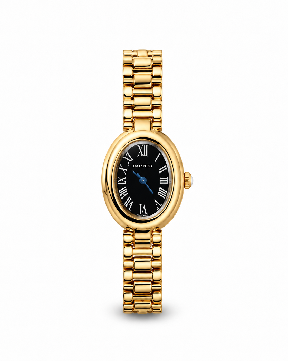 Baignoire de Cartier women's watch Lebanon - gold oval case, black dial with white Roman numerals and blue hand, gold link bracelet