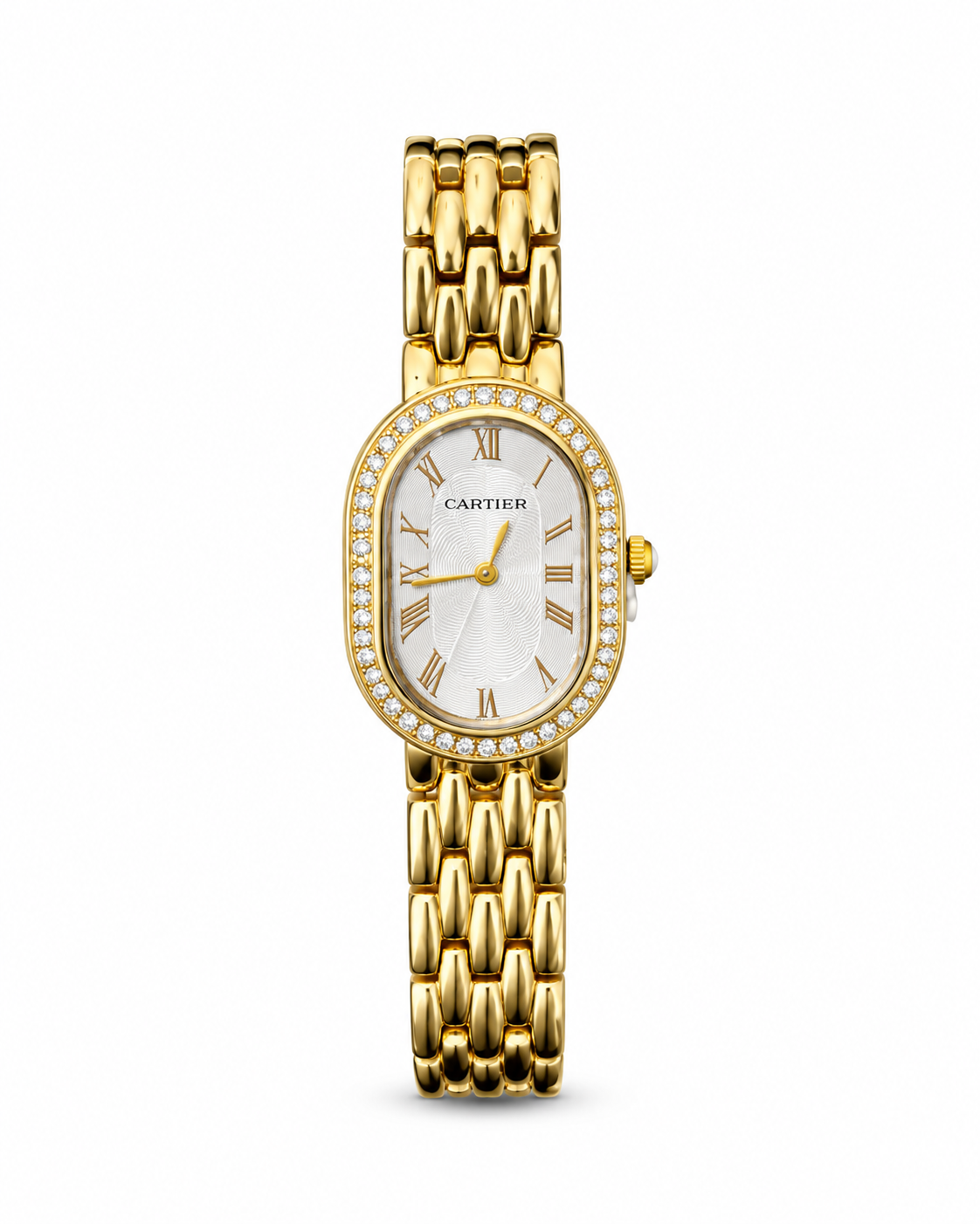 Baignoire de Cartier women's watch Lebanon - gold oval case with diamond bezel, white guilloché Roman numeral dial with gold hands, gold link bracelet