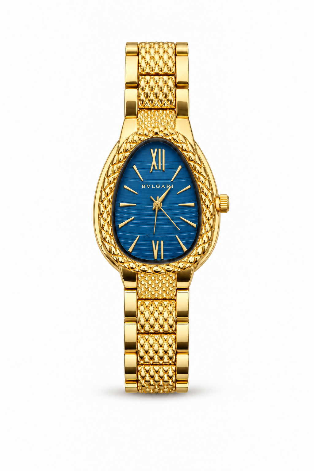 Bvlgari Serpenti women's watch Lebanon - full gold snake-head case with textured serpent-scale finish, blue dial with gold Roman numerals, scale-textured gold bracelet