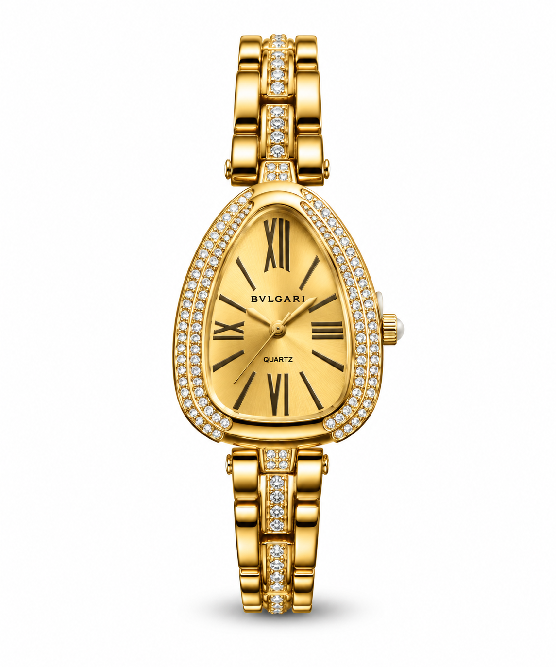 Bvlgari Serpenti women's watch Lebanon - gold snake-head case with double-row diamond bezel, gold dial with Roman numerals, gold bracelet with a center line of diamonds