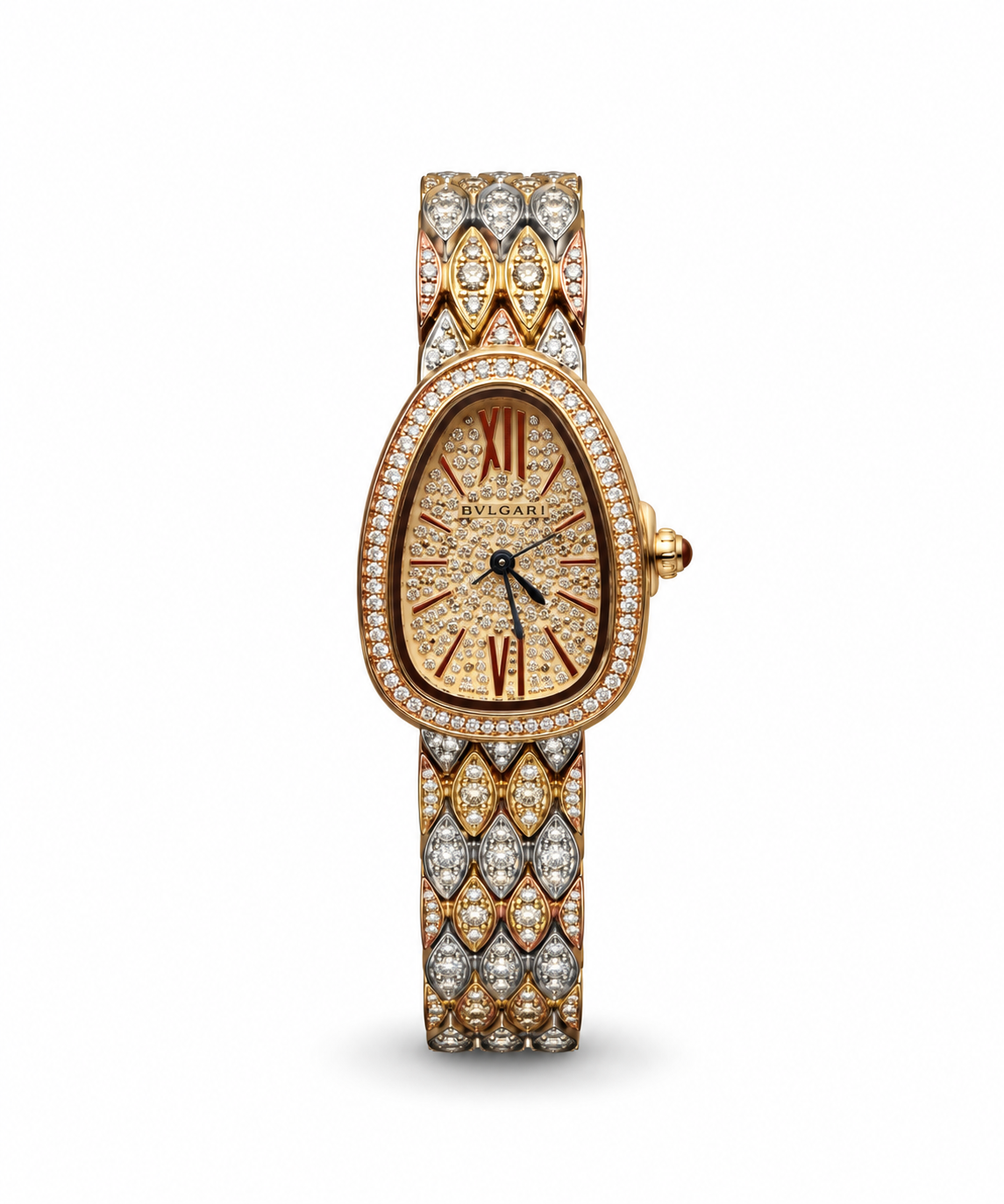 Bvlgari Serpenti women's watch Lebanon - gold snake-head case, full diamond pavé dial with Roman numerals, double-row diamond bezel, multi-tone gold serpent-scale bracelet set with stones