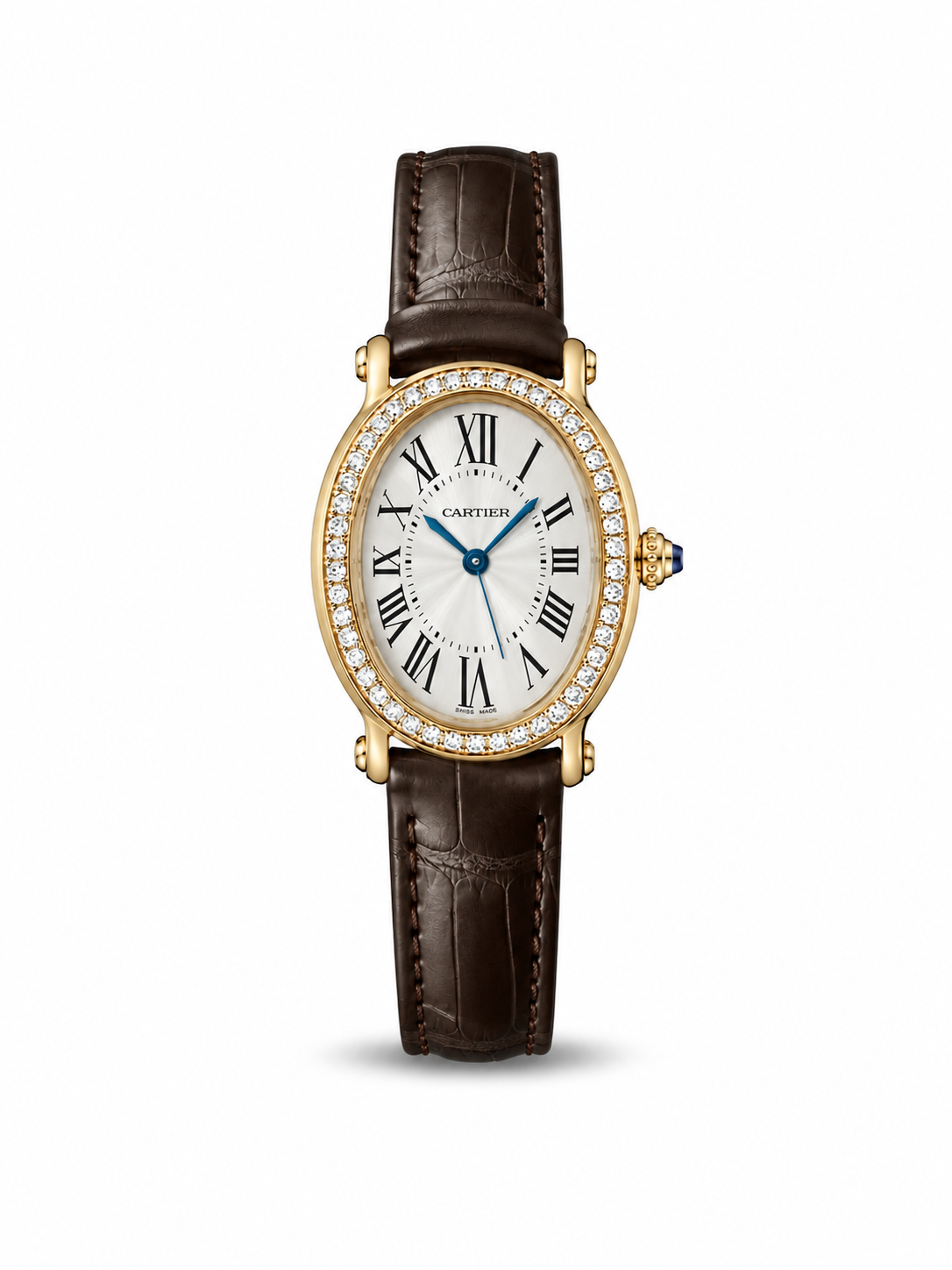 Cartier Baignoire 30mm women's watch Lebanon - yellow gold oval case, diamond bezel, silver Roman dial, dark leather strap