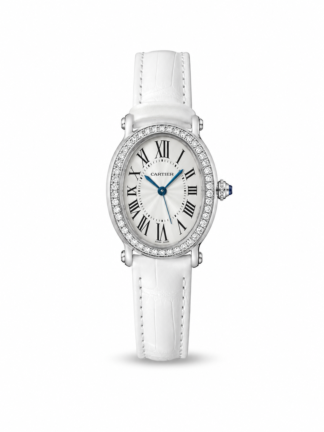 Cartier Baignoire 30mm women's watch Lebanon - white gold oval case, diamond bezel, silver Roman dial, white leather strap