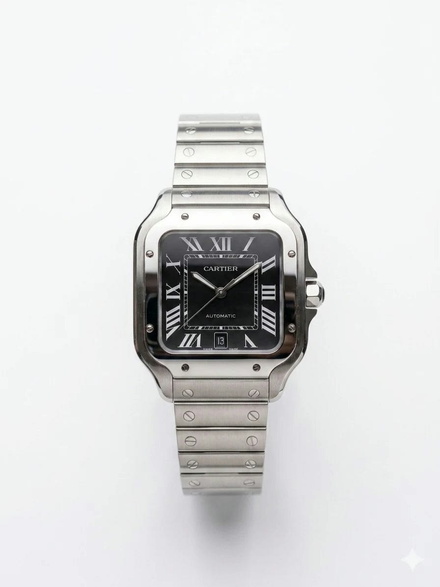 Cartier Santos 40mm Steel Black Dial Men Watch Front View Lebanon - ChronoVault