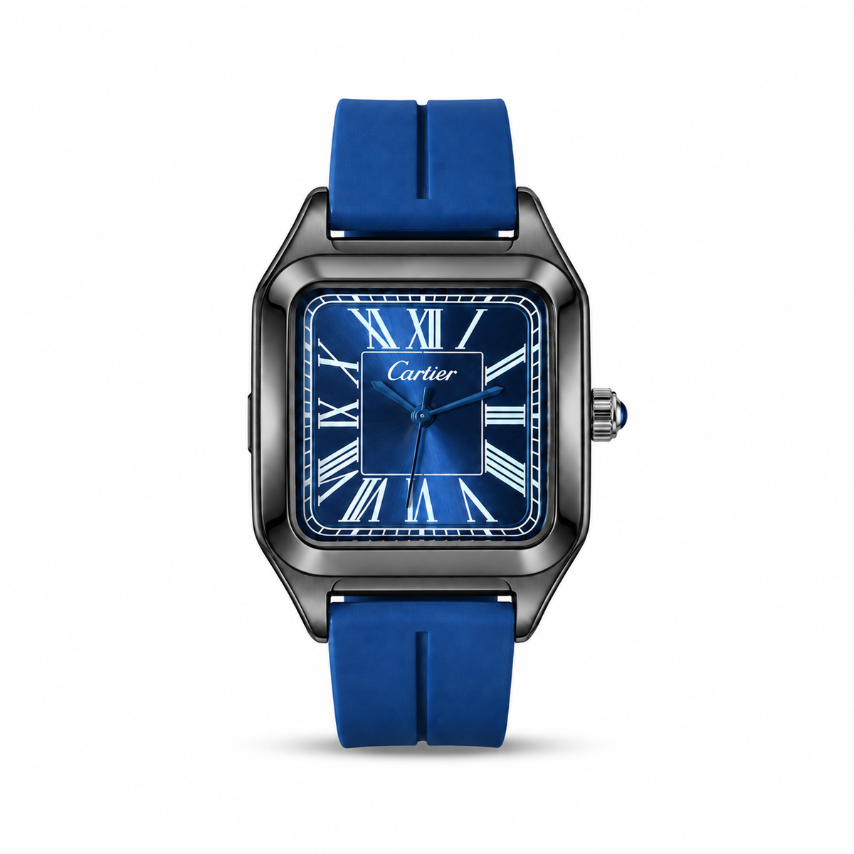 Cartier Santos men's watch Lebanon - black square case, blue sunray Roman dial, white Roman numerals, blue rubber strap