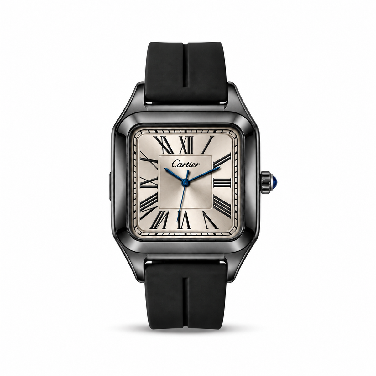 Cartier Santos men's watch Lebanon - black square case, champagne sunray Roman dial, blue hands, black and silver magnetic rubber strap