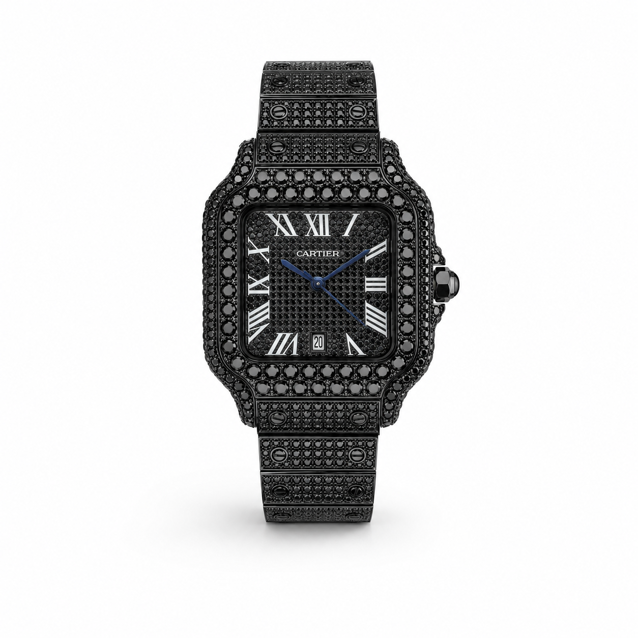 Cartier Santos de Cartier Iced Out Black Dial Diamond Men Watch Front View Lebanon - ChronoVault