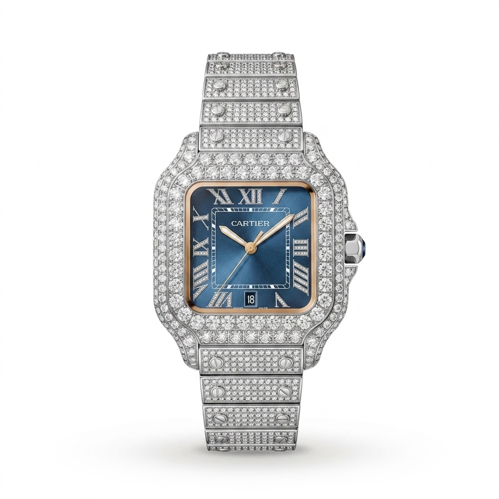 Cartier Santos de Cartier Iced Out Blue Dial Diamond Men Watch Front View Lebanon - ChronoVault