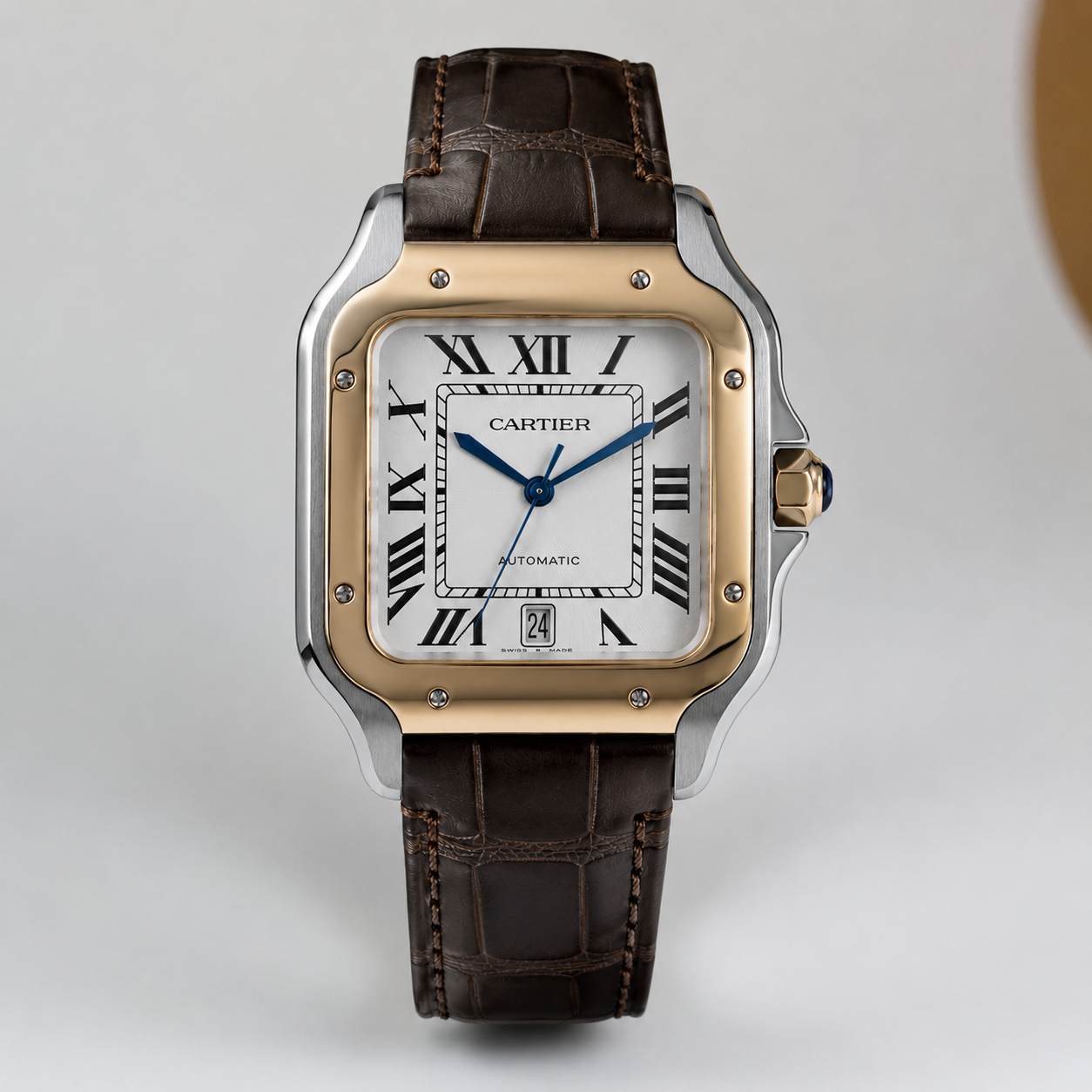 Cartier Santos de Cartier Two-Tone Steel Gold Brown Leather Men Watch Front View Lebanon - ChronoVault