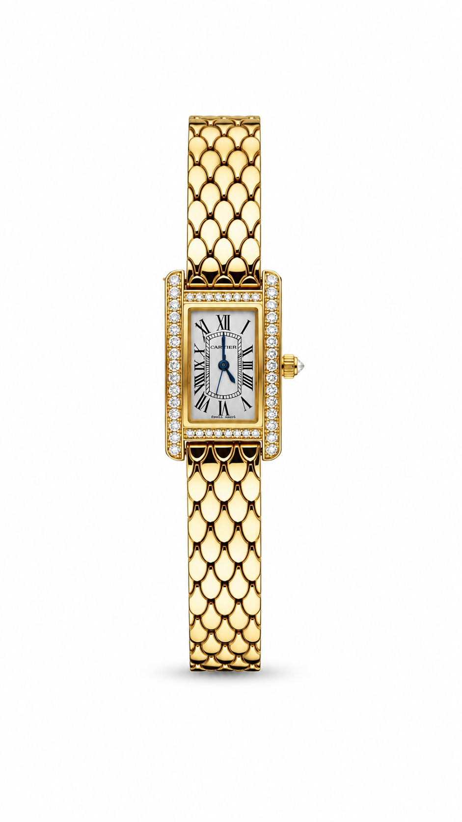 Cartier Tank Americaine Mini women's watch Lebanon - yellow gold scale-link bracelet, diamond bezel, silver Roman dial