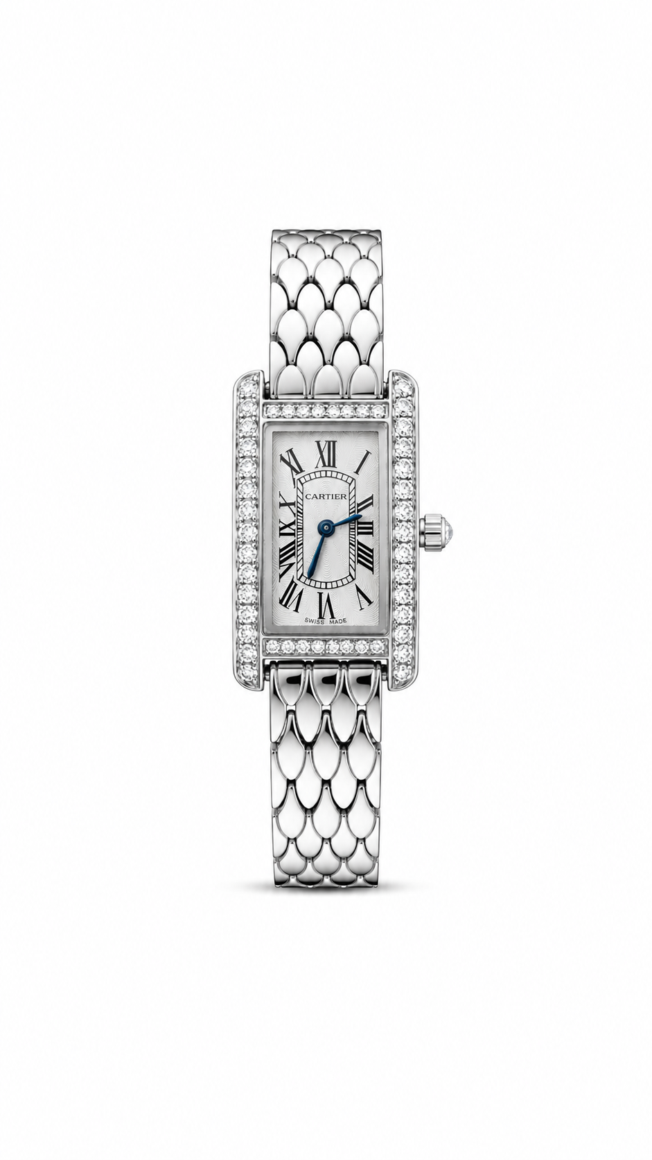 Cartier Tank Americaine Mini women's watch Lebanon - silver scale-link bracelet, diamond bezel, silver guilloche Roman dial