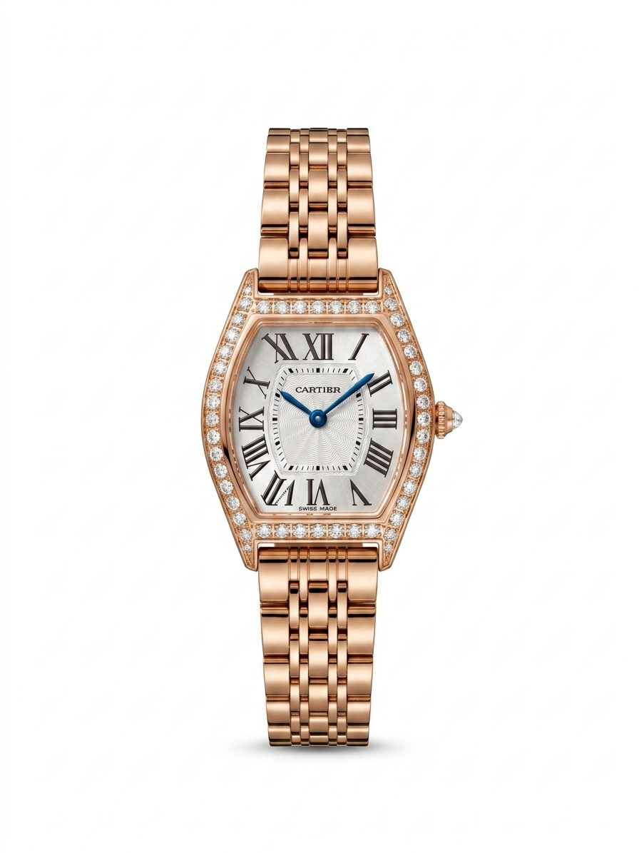 Cartier Tortue 30mm Rose Gold Diamond Silver Dial Women Watch Front View Lebanon - ChronoVault