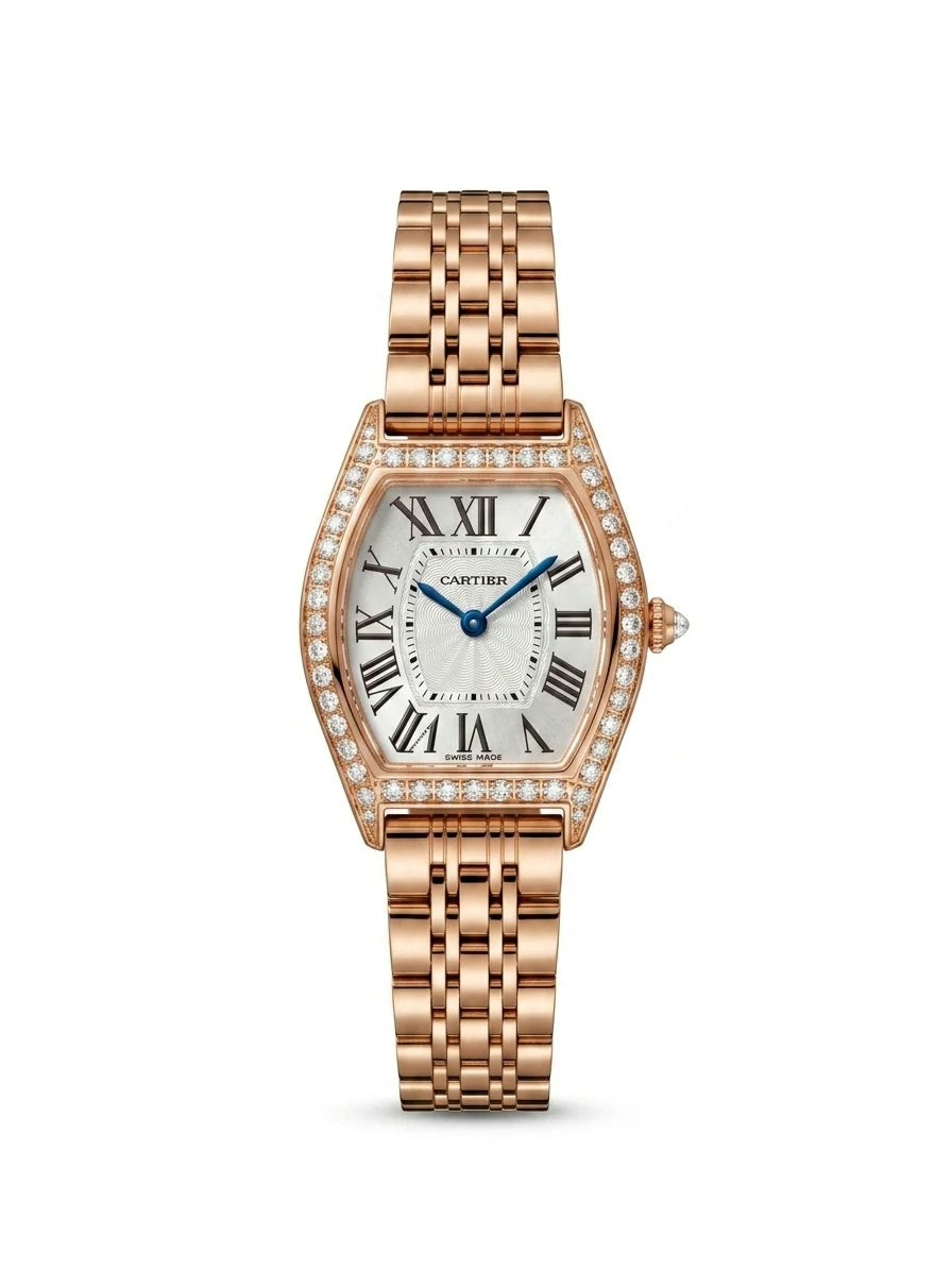 Cartier Tortue Women's 29mm – Rose Gold, Diamond Bezel, Silver Roman Dial, Rose Gold Bracelet Front View Lebanon - ChronoVault