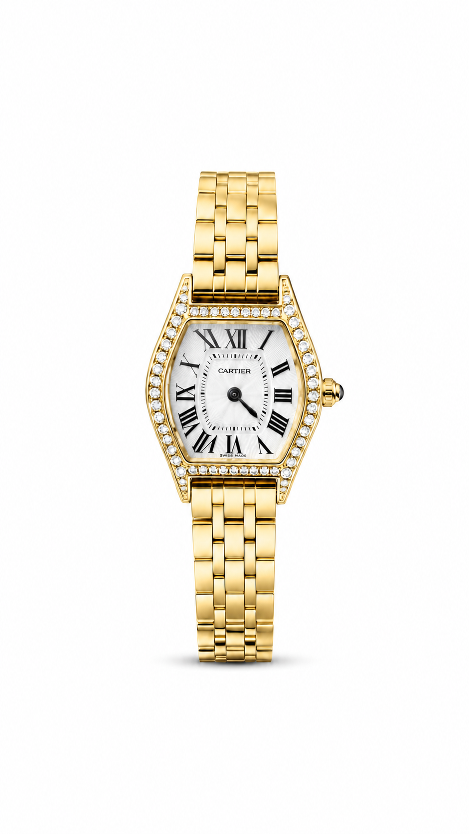 Cartier Tortue 29mm women's watch Lebanon - yellow gold tortoise case, diamond bezel, silver guilloche Roman dial, gold bracelet