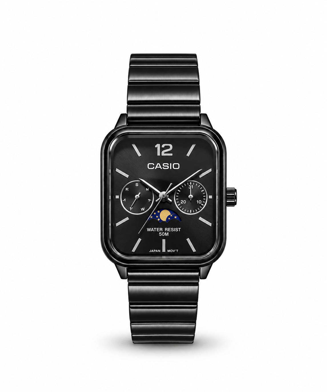 Casio Moonphase unisex watch Lebanon - square black case, black sunburst dial, day and date sub-dials, blue and gold moon-phase window, black steel bracelet