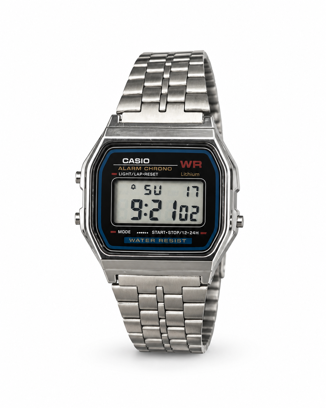 Casio Vintage men's digital watch Lebanon - silver stainless steel case and bracelet, black bezel with blue and red accents, digital display with day and date