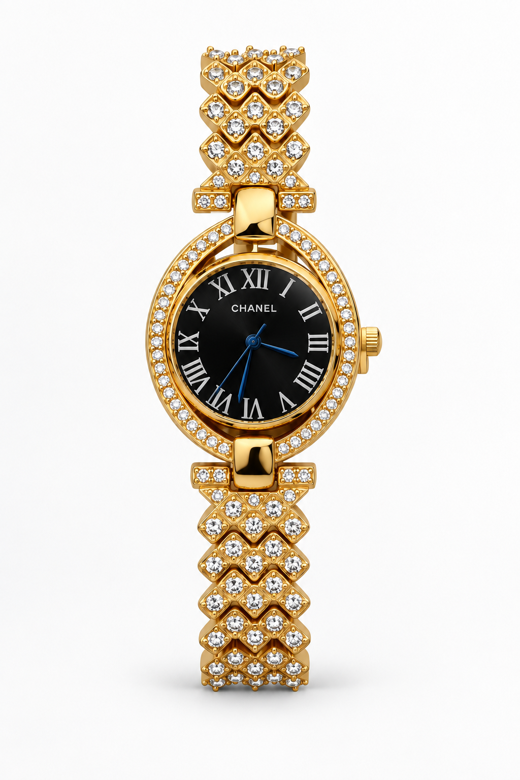 Chanel women's watch Lebanon - gold round case with diamond bezel, black mother-of-pearl Roman numeral dial with blue hands, diamond-set geometric gold bracelet