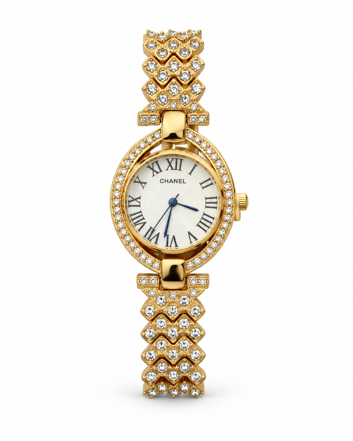 Chanel women's watch Lebanon - gold round case with diamond bezel, white mother-of-pearl Roman numeral dial with blue hands, diamond-set geometric gold bracelet