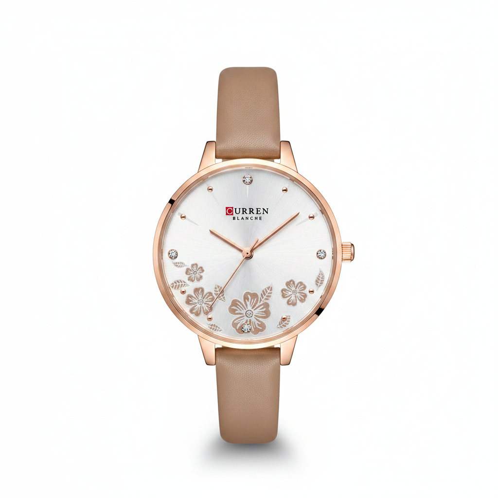 Curren Caramel Rose Gold Rhodium Floral Dial Women Watch Front View Lebanon - ChronoVault