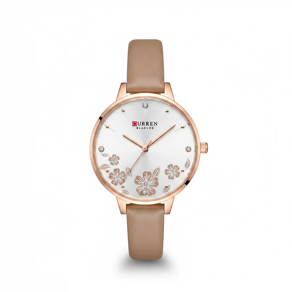 Curren Caramel Rose Gold Rhodium Floral Dial Women Watch Front View Lebanon - ChronoVault