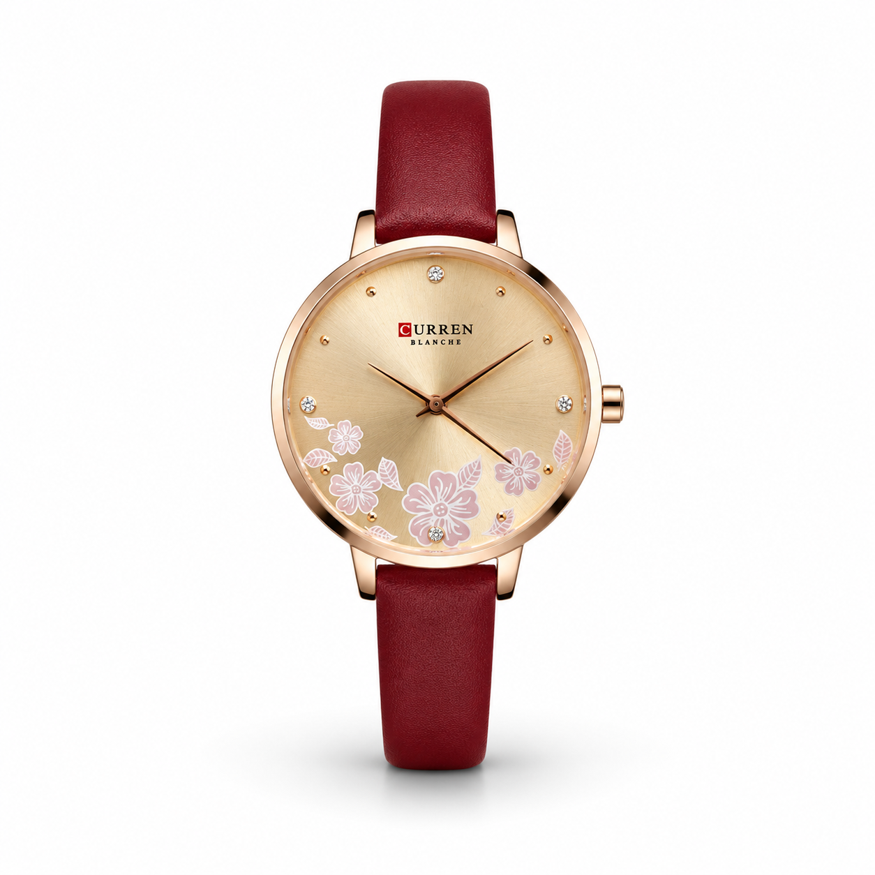 Curren Dark Red Rose Gold Floral Dial Women Watch Front View Lebanon - ChronoVault