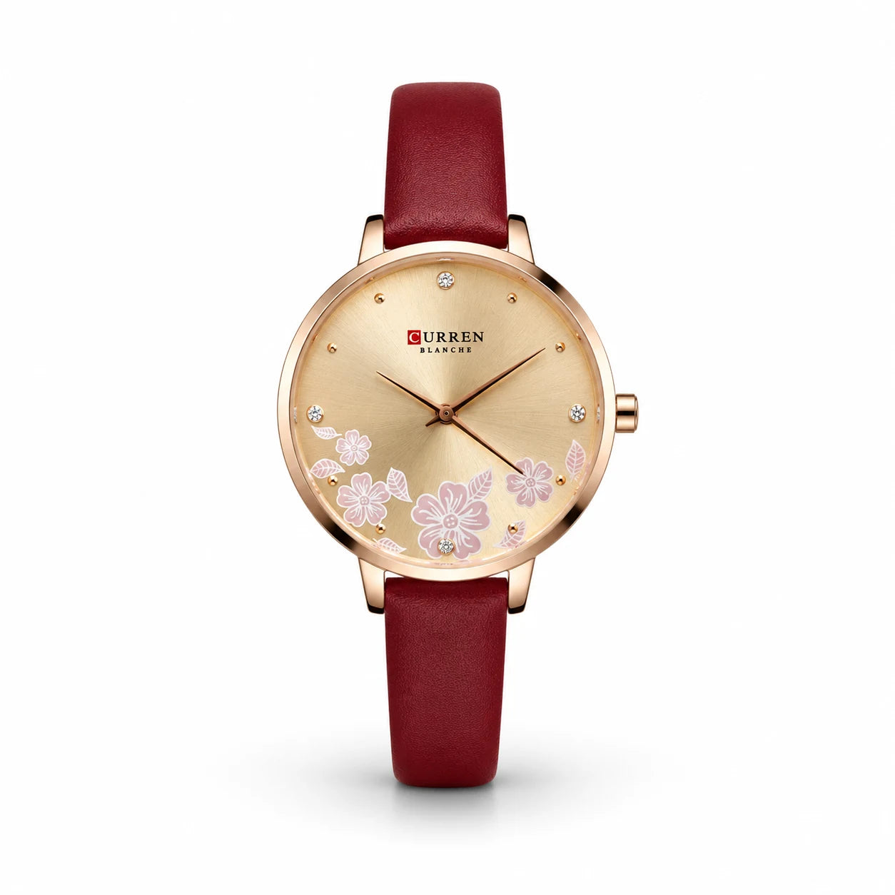 Curren Dark Red Rose Gold Floral Dial Women Watch Front View Lebanon - ChronoVault